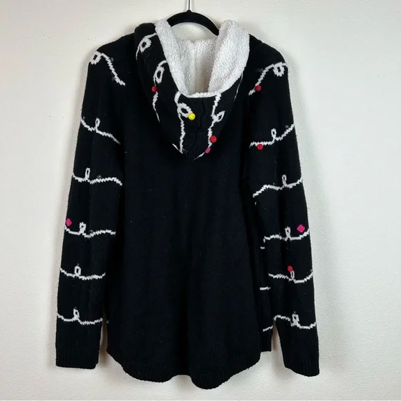 Christmas Sweater Hoodie Knit Sherpa Silver Lettering Pom Poms - Picture 2 of 14